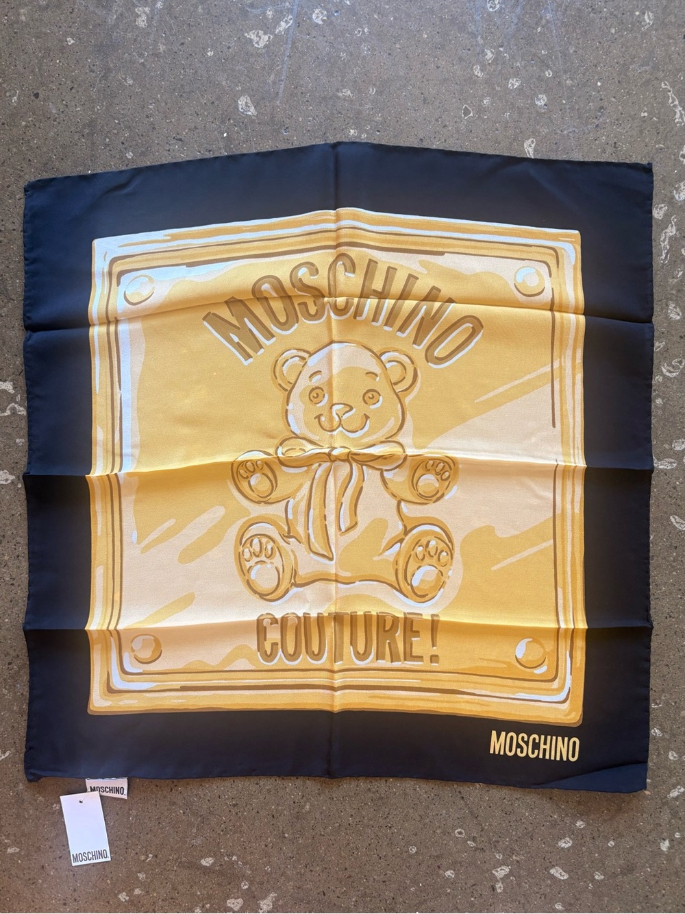 Moschino Black and Gold Teddy Logo Square Scarf